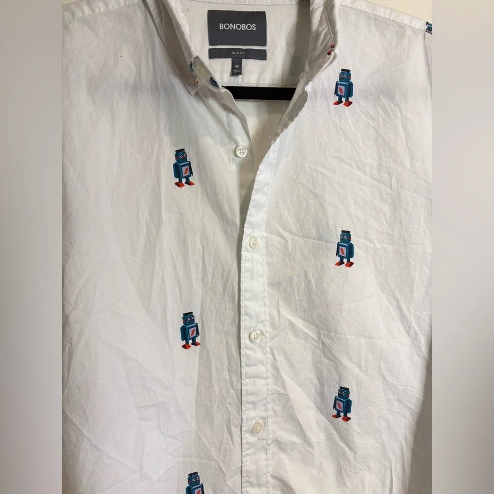 Bonobos Washed Button Down Slim Fit White Robot Print Sport Shirt Size Medium - Picture 5 of 7